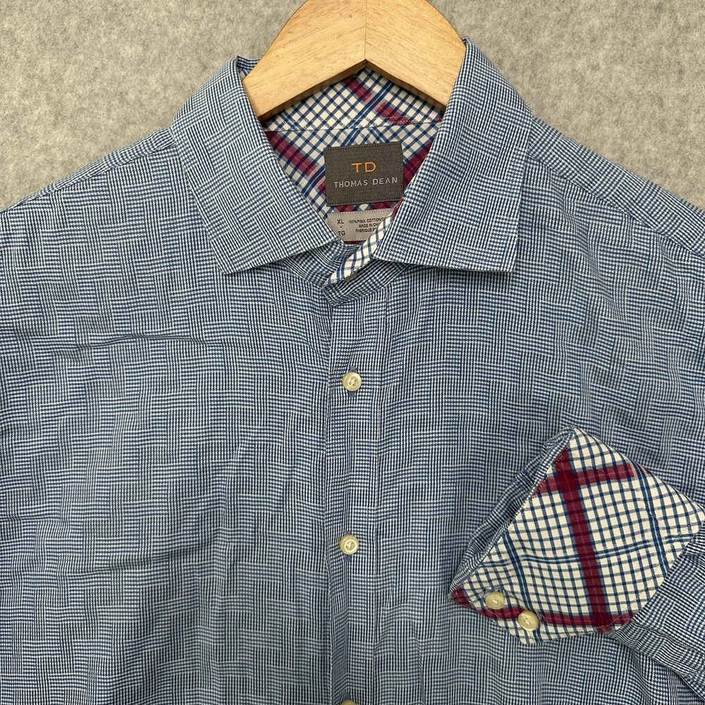 Thomas Dean Dress Shirt Men's XL Blue Houndstooth Flip Cuff Button‎ Shirt
